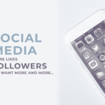 social media blog banner design, smartphone, social icons, apps, followers, likes, header text